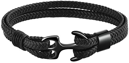 Emibele Armband för män och kvinnor, handgjort koskinn läderarmband i flera lager, vintage ankare manschettarmband, 3 storlekar för män/kvinnor/par/älskare/partners, Svart och svart ankare 19 cm, 7