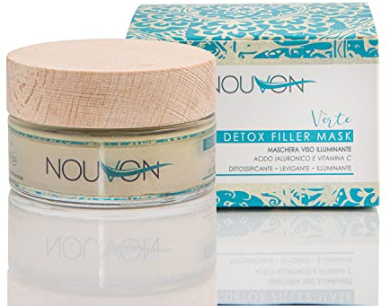 NOUVON - Maschera viso Purificante e Idratante con Acido Ialuronico a 3P, Argilla Verde e Vitamina C l Skincare BIO Antirughe e DETOX Illuminante per Punti Neri e Macchie 100ml