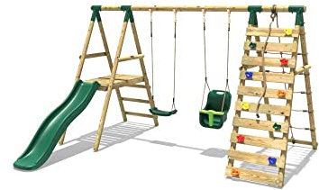 Rebo® Wooden Swing Set with Deck and Slide Plus Up and Over Climbing Wall - Moonstone Green | OutdoorToys | Sturdy Wooden Construction, Pressure Treated Timber