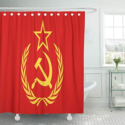 KUKUALE 1 Stück rotes sowjetisches Symbol Hammer Sichel Stern und Kranz Yellow Union Kommunismus Duschvorhänge Wasserdichtes Polyestergewebe 180X180Cm （71X71In）