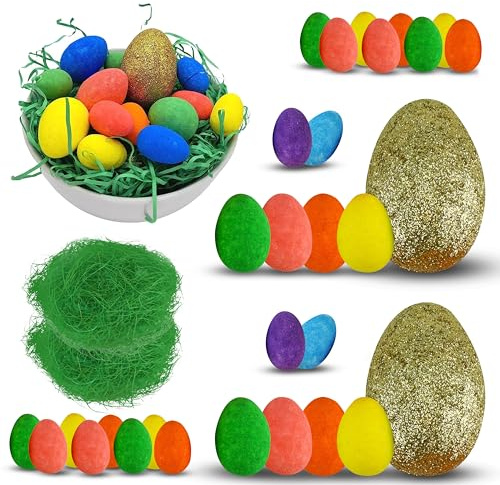 HOVUK® 32-teiliges goldenes Eiersuch-Set Ostereiersuche, Zubehör für Ostereier-Dekorationen und Jagdspiel mit großem goldenen Ei und Ostergras