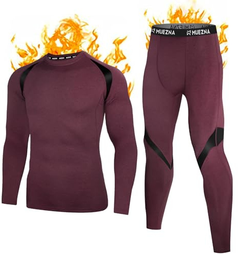 Muezna Men's Thermal Top and Bottom Set Underwear Long Johns Base Layer with Soft Fleece Lined Burgundy