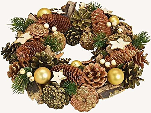 Weihnachtsgesteck Dekokranz Weihnachtsdekor aus Holz Kunststoff (braun Gold) (Kranz - Ø 33cm) festlicher Kranz für Tisch oder Tür stilvolle Winterdeko Adventskranz Dekoration Wohnzimmer Geschenkidee