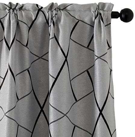 GIRASOLE HOME® Coppia Tende Grigie Semi Oscuranti Fantasia Geometrica Nera Tenda Isolante per Soggiorno Camera Ufficio Balcone Porta Finestra 2 Pannelli con Tasca (Grigio e Nero, 70x240cm)