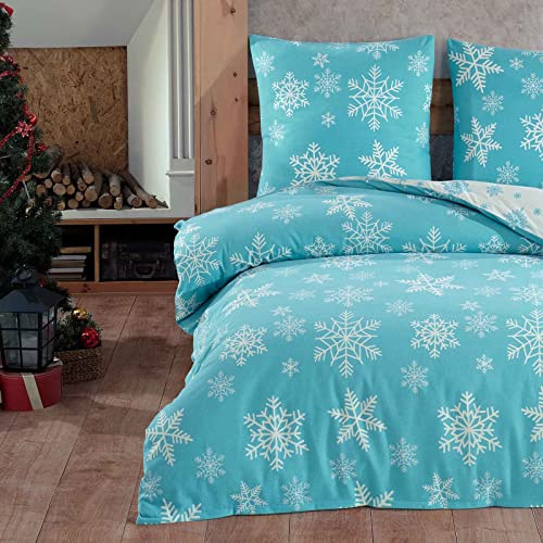 Style Heim Biber Bettwäsche 155x220 cm Flauschige Winterbettwäsche 2 Teilig 100% Baumwolle mit Reißverschluss Bettwäsche-Set Kissenbezug 80x80cm, Wendebettwäsche Star Eiskristall, Weiß Cyan
