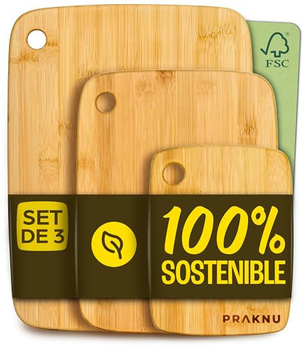 Praknu Planche à Découper en Bois - 3 Pièces de Planche Polyvalentes et Robustes en Bambou FSC® pour Légumes, Viande & Pain - Différentes Tailles