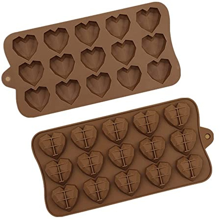 2PCS Heart Silicone Chocolate Moulds 15 Cavity Non-Stick Baking Pan | Reusable Candy/Jelly/Ice Cube Tray, Gummy Wax Melt Moulds, Easy Release for DIY Desserts, Party Favours