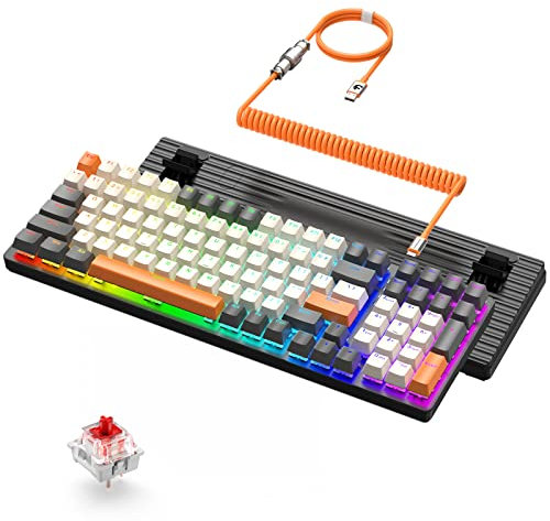 ZIYOULANG K3 PRO Mechanical Gaming Keyboard RGB Blacklit wired keyboard Red Switch 100 Key with Number Pad, Coiled USB Cable Type-C to USB-A Detachable Metal Aviation Connector for PC/Mac Gamer Typist