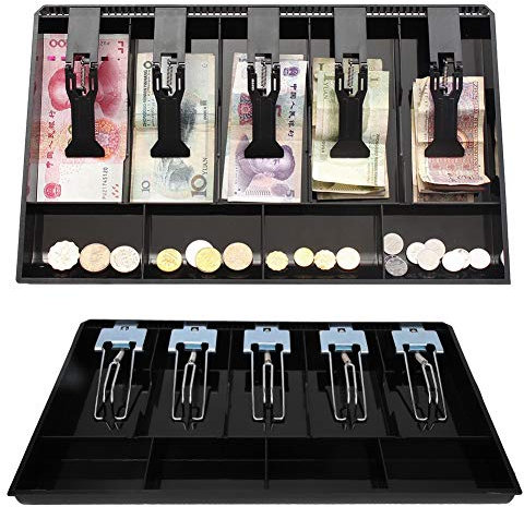 Registrierkassenschubladeneinsatz Mit 5 Geldschein-/4 Münzfächern Zur Geldaufbewahrung, ABS-Materialschale Mit Metallclip, Kassenschubladenregister Mit Fünf Fächern, Währungsaufbewahrungsbox(Schwarz)
