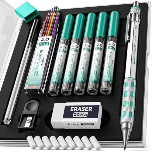 Nicpro Blocky Gear 2mm Metal Mechanical Pencils Set with Case, Drafting Pencil with 6 Tubes 2mm Lead Refill (HB 2B 2H 4B 4H & Colors) Sharpeners, Erasers for Artist Art Writing Drafting Drawing