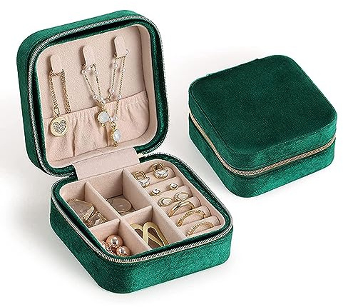 FonVan Små smyckeskrin i sammet för kvinnor flickor, litet resesmyckeskrin för resor, mini smyckeslåda, mini smycken organisatör förvaring för örhängen, ringar, halsband, armband (grön)