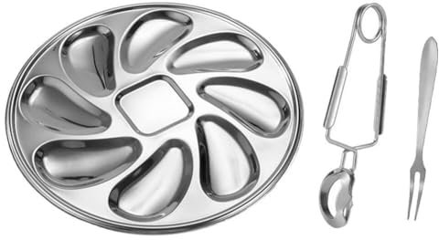 Kichvoe 1 Ensemble D'assiettes À Huîtres En Acier Inoxydable Plateau De Service À Huîtres Plateau En Forme De Coquille D'huître Avec Pince Et Fourchettes Pour Sauce Aux Huîtres Et Citrons