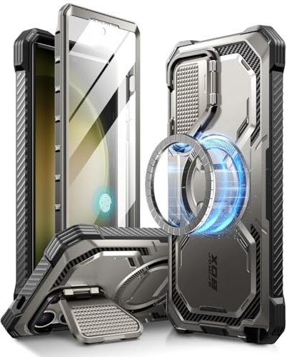 i-Blason Armorbox for Samsung Galaxy S24 Ultra Case MagSafe with Camera Cover Stand [Support Wireless Charger] 360 Full-Body Case with Screen Protector & Kickstand Phone Case for S24 Ultra, Gray