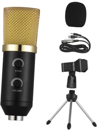 Toyvian Goldenes Kondensatormikrofon für Rundfunk und Recording mit Stativ | 3, 5-mm Ausgang, 5–48 V Betriebsspannung, Kunststoff Metall, 30 Hz–120 Khz, 70 Dba