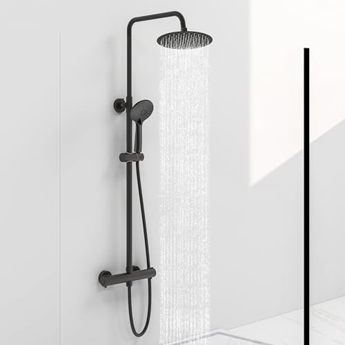 Acezanble Thermostatic Shower Mixer Set Matte Black, Round 38 °C Thermostat Shower System with 20cm Rainfall Shower Head, Handheld Shower, Anti Scald Shower Mixer Bar Kit, Adjustable Height