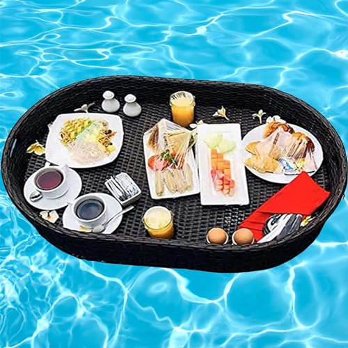 LAMEDOAT Elliptisches schwimmendes Frühstückstablett aus Rattan, schwimmender Tabletttisch für den Swimmingpool, extra großer schwimmender Wassertisch für die Pool-Strandparty (Farbe: Schwarz, Größe: