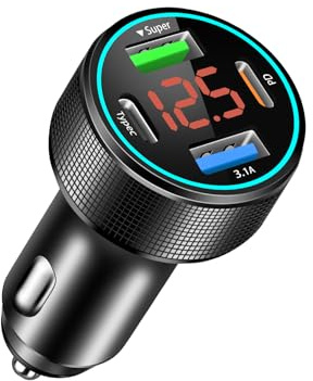 66W USB-C Car Charger, 4 Port Metal Car Phone Charger Adapter with QC3.0 & PD30W Fast Charging, Cigarette Lighter USB Socket with LED Voltmeter for iPhone 15 14 13 Pro Max/Pro, Samsung S24/23/22