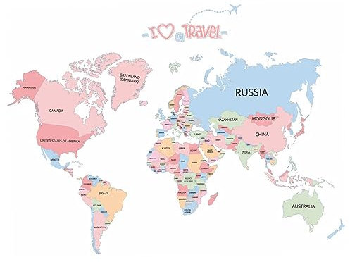 KONTONTY Pegatina Mural Mapa Mundo Colorido Con Letras Inglesas Adhesiva Pvc Para Dormitorio Salón Oficina Decoración Sencilla y Ecológica
