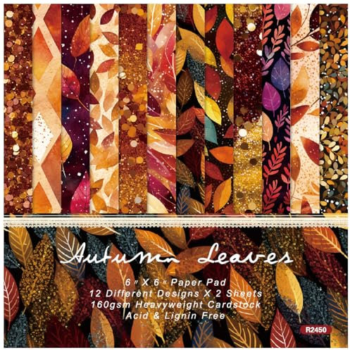 ZAKHSE Motivpapier 15,2x15,2cm, 48 Blatt Designpapier Herbst, Gold Orange Blätter Muster Einseitig Bedruckt Scrapbook Papier Bastelpapier Bunt für DIY Scrapbooking Kartengestaltung-12 Designs