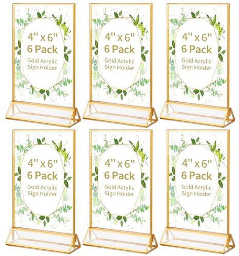 Svalor 6 Stück Gold Doppelseitiger Bilderrahmen, Aufsteller Gold A6, Acryl Tischaufsteller mit Abnehmbarem Basis, Goldrahmen für beidseitige Präsentation, Hochzeit, Restaurants, Café, Ausstellungen
