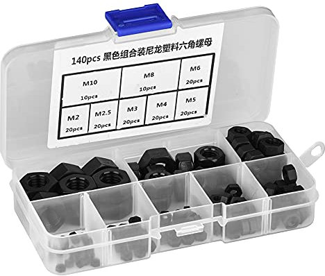 140-teiliges Sechskantmuttern-Sortiment-Set aus Schwarzem Nylon-Kunststoff, M2-M10, Alle Befestigungselemente (BLACK)