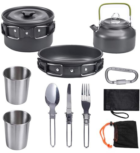 Kit de Couverts de Cuisine de Camping, Batterie de Cuisine de Camping Antiadhésive Tout-en-Un, Ensemble de Bouilloire de 0,8 L, avec 1 Ensemble de Tasses, Fourchettes, Couteaux Et Cuillères en Acier