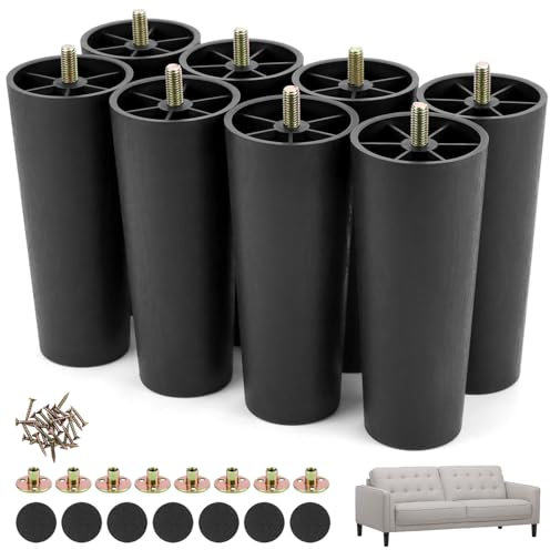 QWORK® 8Pcs 6 Inch Furniture Legs, Black Plastic Sofa Legs with Screw and Anti-skid Pads, for Sofas, Chairs, DIY