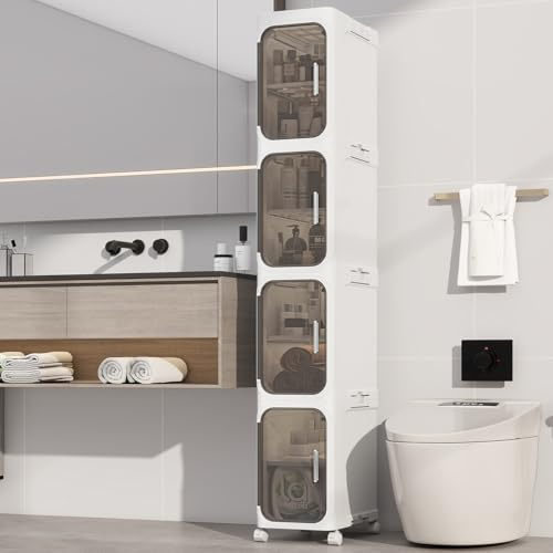 KHNR Gabinete de almacenamiento delgado de 4 niveles, gabinetes de almacenamiento plegables, almacenamiento de baño estrecho, organizador de almacenamiento de baño móvil para espacios pequeños, baño,