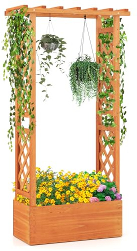 GOPLUS Upphöjd säng med spaljé, blomlåda med hängande tak och dränk, planteringslåda växtstöd, växtkruka för trädgård, terrass, gård (orange, 78 x 36 x 152 cm)