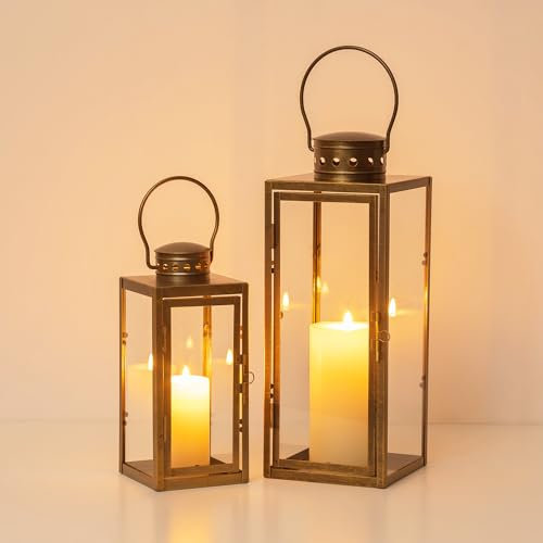 Staymoment Lantern Decoration Gold for Outdoors: Set of 2 Outdoor Lanterns as Balcony Garden Decoration Vintage Table Decoration H 24/35 cm Grave Lantern Candle Holder