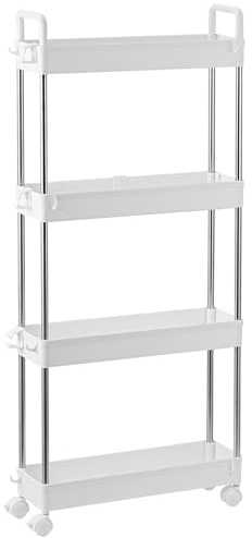 4-Tier Slim Storage Trolley with Slide-Out Rolling Utility Shelf, Plastic & Stainless Steel (White)