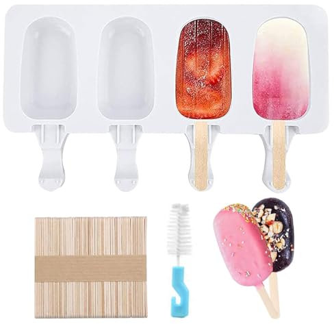 QEEROYO Stampi per Gelato Stecco, Stampi per Ghiaccioli in Silicone, 4 Cavità, Set di Stampi per Gelato Fai da te