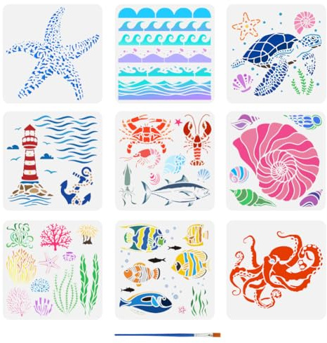FINGERINSPIRE 9 Stück Malschablone Mit Pinsel Motiv Sommer Ozean 30x30cm Zeichenvorlage Für Meereswellen Fische Muscheln Leuchtturm Schildkröte Krake Korallen Schablone Zum Malen Auf Wänden Möbeln