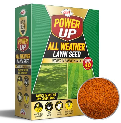 Power Up All Weather Lawn Seed with Nitro-Coat - Easy to Sow for Thicker Greener Grass - Grass Growing Seed UK - Effective for New Lawns, Overseeding & Patch Repairs in Shady Areas 1kg