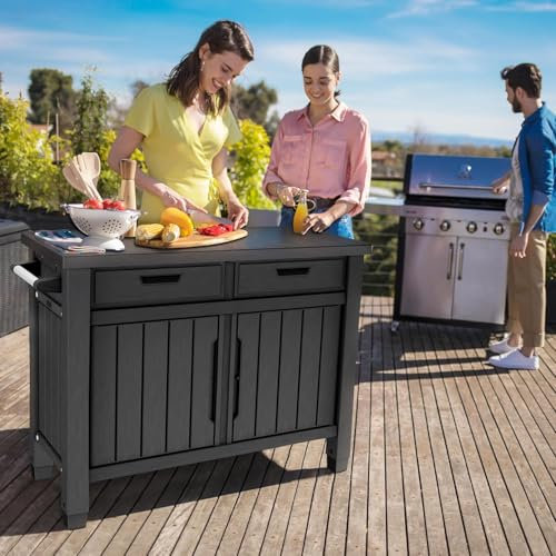 Tavolino per Barbecue 134x90x52 cm con Cassetti e Accessori Keter Unity XL Grafite