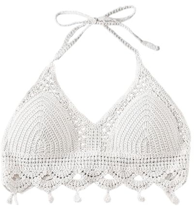 OUDQFCJ Damen Häkeltop, Bikinioberteil, Strandtop, Hippie-BH, Flower Power, Baumwolle (Größe: Unisex) (Weiß)