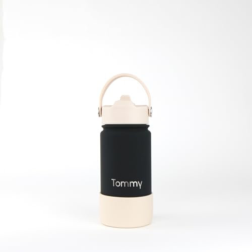 cribstar Borraccia termica personalizzata con cannuccia, in acciaio inox, a doppia parete, per 12 ore di caldo e 24 ore fredde, con coperchio con cannuccia, senza BPA, colore nero, 400 ml