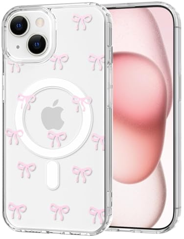 TVVTPU Magnetisch Hülle für iPhone 15 Kompatibel mit MagSafe, Aesthetic Schleifen Muster Handyhülle Nie Vergilbung Dünne Transparent Hard PC Rückseite Stoßfest Kratzfest Schutzhülle Case, Rosa