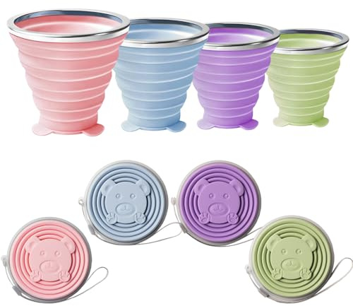 Zyiphor 4 Stück Faltbarer Becher Silikon Faltbecher mit Deckel Klappbecher Faltbecher Silikon Faltbarer Trinkbecher für Outdoor/Picknick/Wandern (270ml)