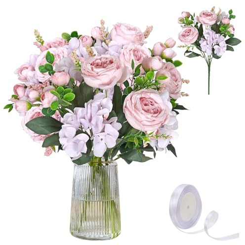VAIGU:OA Lot de 4 bouquets de fleurs artificielles – 4 roses artificielles pivoines pour mariage, fête, décoration de mariage, arrangement floral, décoration de maison, cuisine (rose-violet)