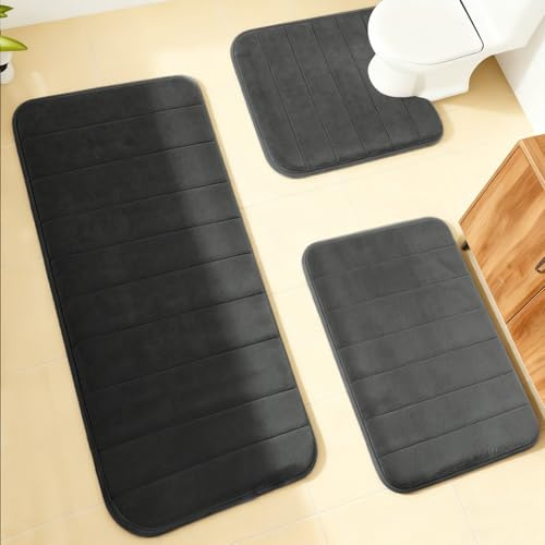 CAIEJSAEN 3 Stück Badezimmerteppich, Badteppich rutschfest Waschbar, Badteppich Set, U-förmige Toilettenmatte, Superweich, Schnell Saugfähig, Geeignet für Duschkabinen, Toiletten, Badewannen und Mehr