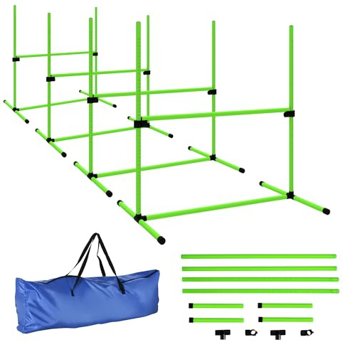PawHut Agility Set 4-Teiliges Höhenverstellbar für Hunde 4 Hürden Grün | Agility-Ausrüstung, Sprungstangen-Set, Steckhürdenset, Tragetasche, Koordinationstraining, für Spiele Training