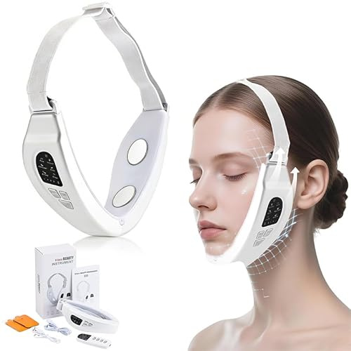 Papada Lifting V-Face, 6 Modos 18 Niveles de Intensidad Masajeador Facial Electrico con Parches de Electrodos, Terapia Térmica a Temperatura Constante de 40 °C, Para Reafirmar y Levantar