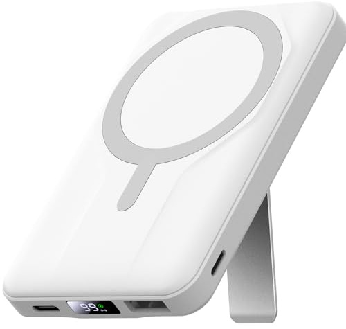 Azmuth Batterie Externe pour MagSafe, 10000mAh Magnétique Power Bank | Charge Rapide PD 20W, Powerbank sans Fil 15W, Support Pliable, Affichage LED, pour iPhone 17/16/15/14/13/12 Séries, Blanc