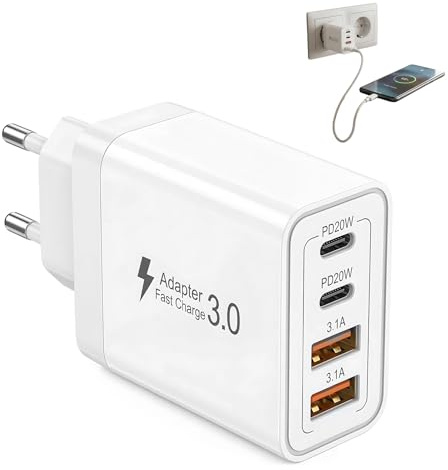 USB-C-laddare 40W 4 portar, flera snabbladdningsladdare PD+QC 3.0, USB-väggtyp C-nätadapter kompatibel med iPhone 17 16 15 14 13 12 11, Samsung, iPad och mer
