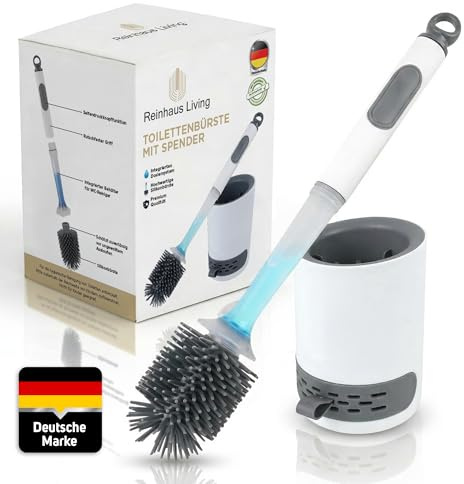 Reinhaus Living® Toilettenbürste Silikon 2-in-1 mit integriertem WC-Reiniger per Knopfdruck – Klobürste mit Halter – WC-Garnitur mit Duftsteinfach – hygienische WC-Bürste grau/weiß