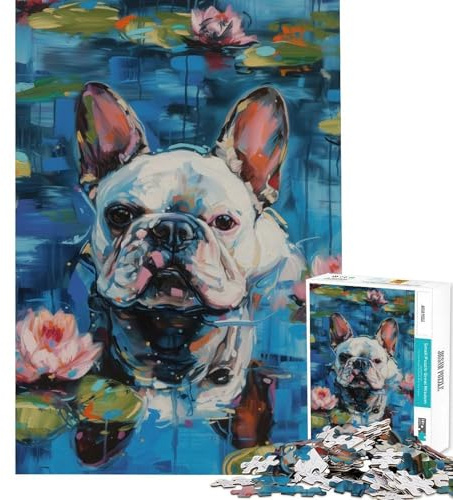 Puzzle für Teenager,1000 Teile,Französische Bulldogge in Seerosen Fördert kognitive Geschwindigkeit,scharfes Schneiden,Basteln,ruhiges Spielen,Spaß,unvergessliches Geschenk (Größe 38x26cm)