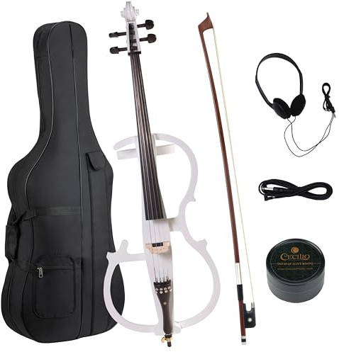 Cecilio 4/4 Electric Cello with Ebony Fittings, Professional Silent Electric Cello Kit with Bow, Rosin, Aux Cable and Headphone, Musical Instrument for Beginners, Pearl White
