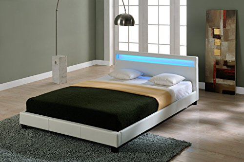 Corium LED Polsterbett Paris Bettgestell mit LED Beleuchtung Doppelbett aus Kunstleder Lattenrost & gepolstertes Kopfteil Ehebett 160x200cm Weiß