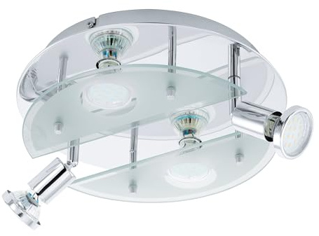 EGLO LED Deckenlampe Cabo 1, 4 flammige Deckenleuchte | Deckenstrahler aus Metall in Chrom, satiniertes Glas in Weiß, Wohnzimmerlampe, inkl. GU10 Leuchtmittel, warmweiß, Ø 29 cm